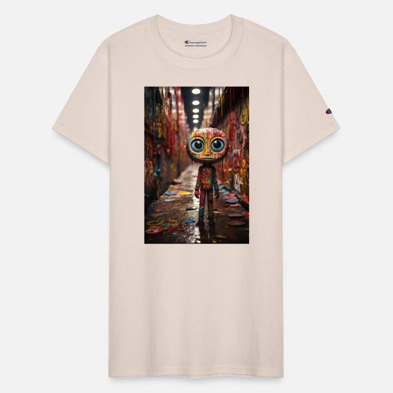 Cartoon Alley: Plastic Figure Amidst Vibrant Graff