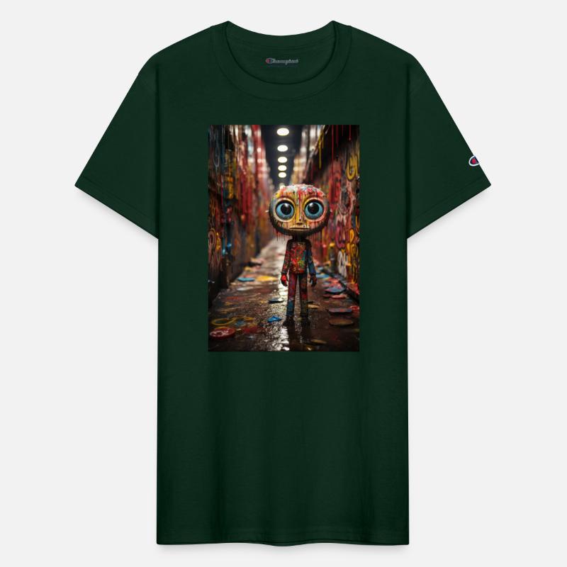 Cartoon Alley: Plastic Figure Amidst Vibrant Graff