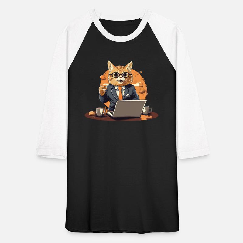 CEO cat in suit with laptop and coffee