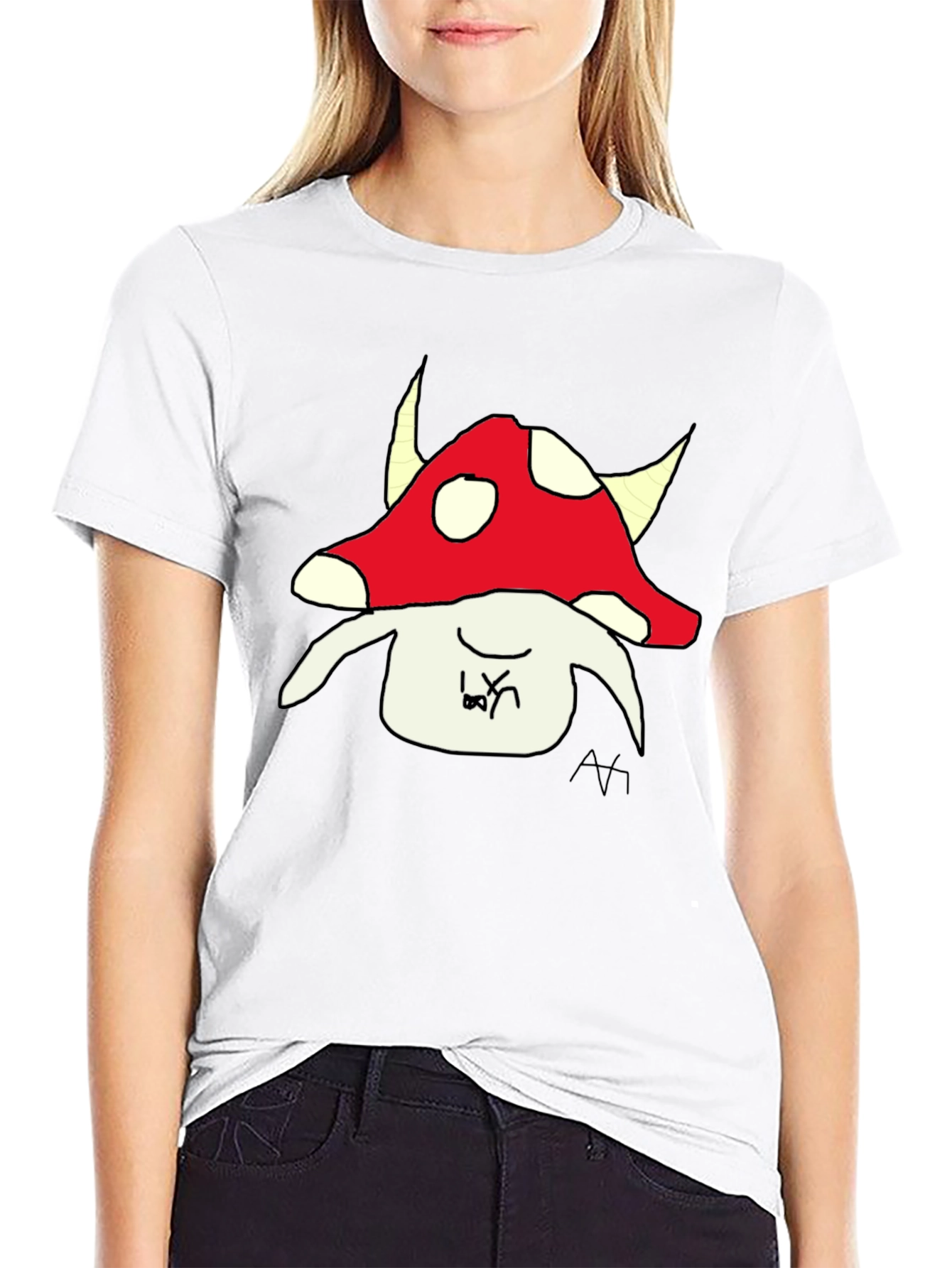 Mushroom Character Graphic Tee - Black Cotton Blend