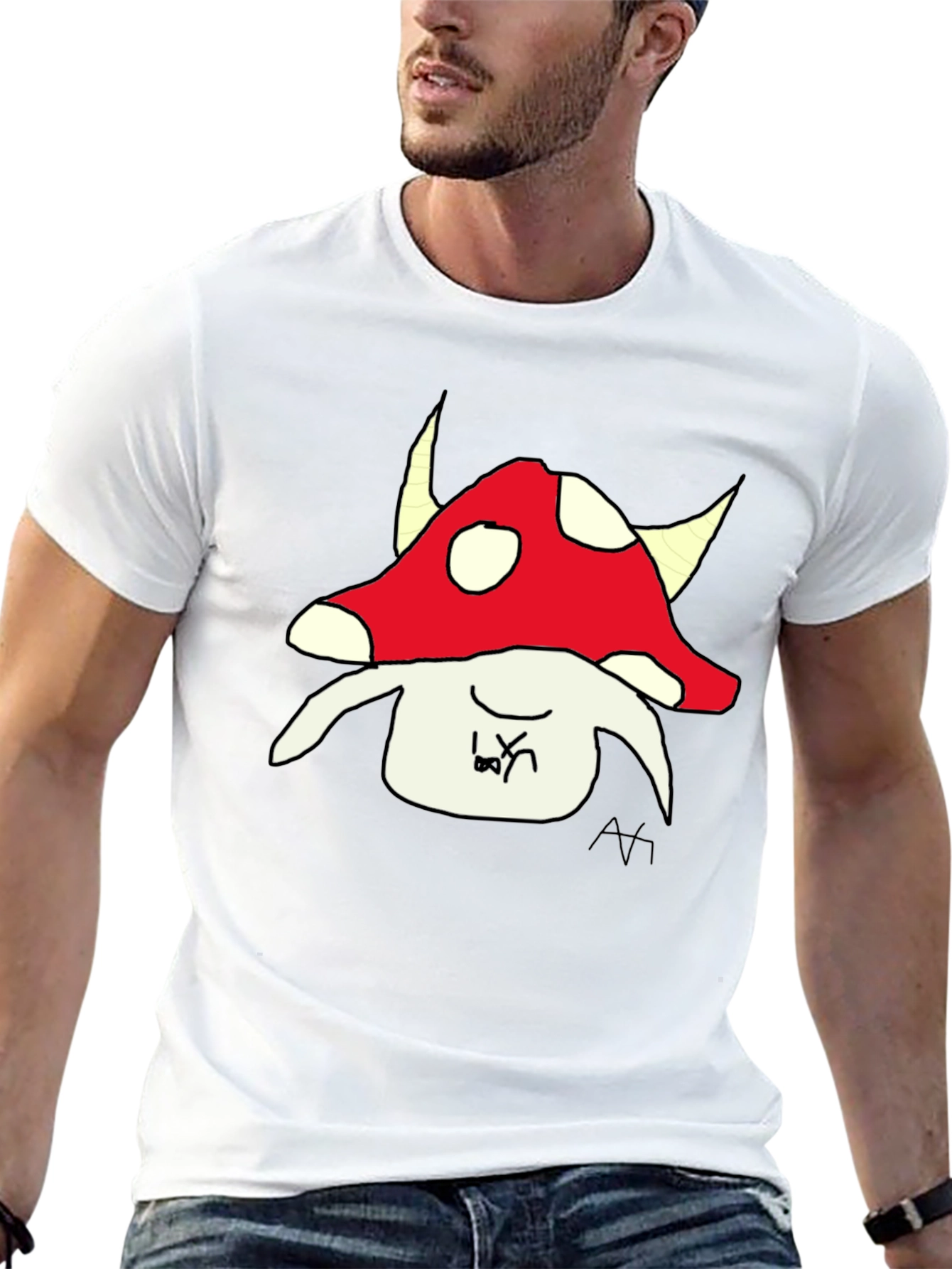 Mushroom Character Graphic Tee - Black Cotton Blend