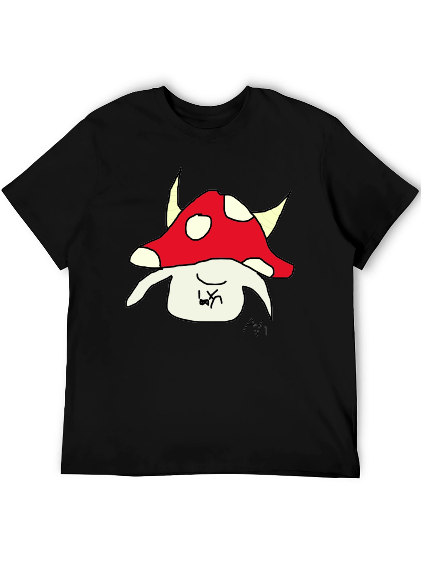 Mushroom Character Graphic Tee - Black Cotton Blend