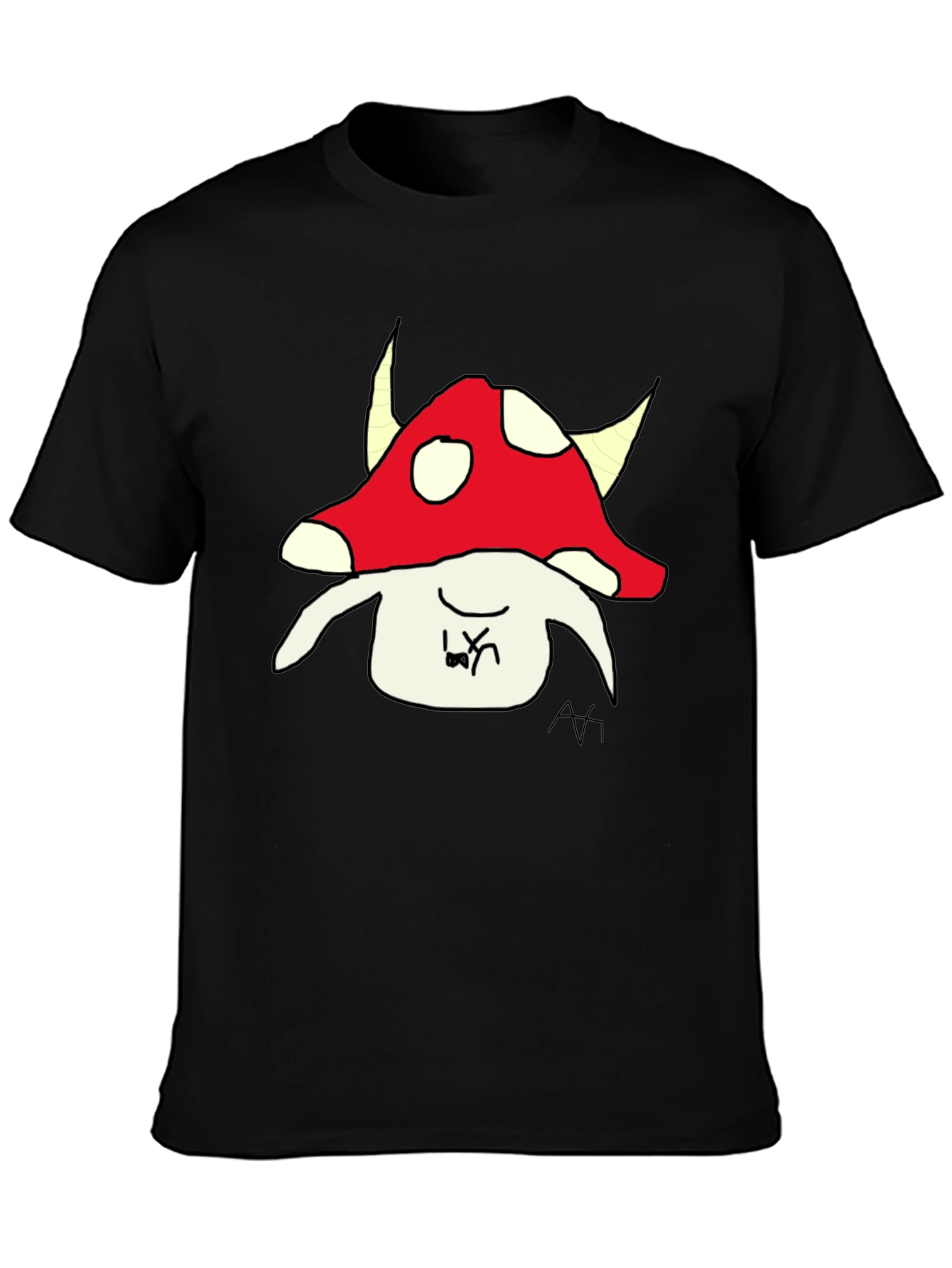 Mushroom Character Graphic Tee - Black Cotton Blend