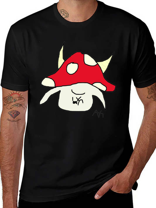 Mushroom Character Graphic Tee - Black Cotton Blend
