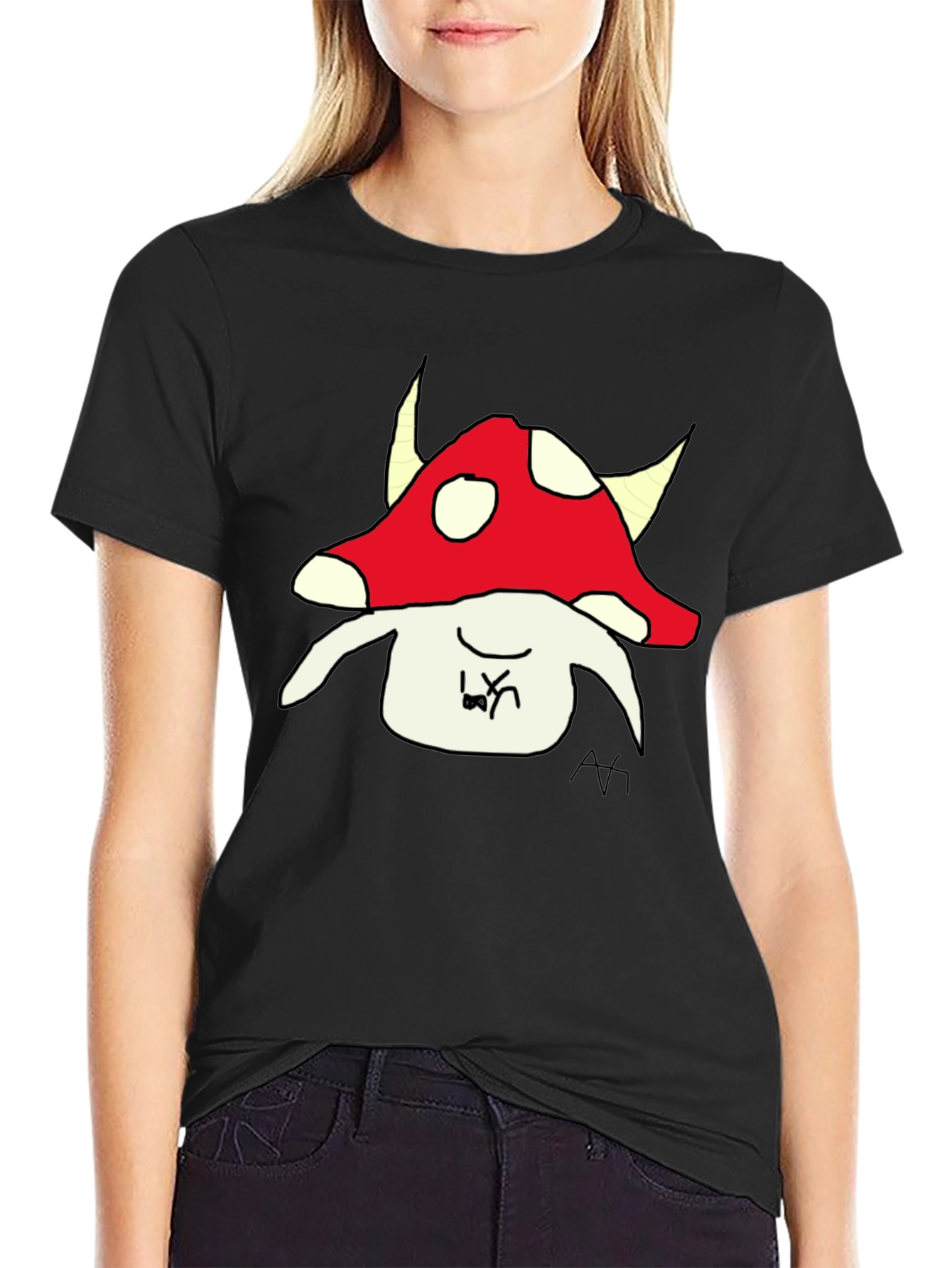 Mushroom Character Graphic Tee - Black Cotton Blend