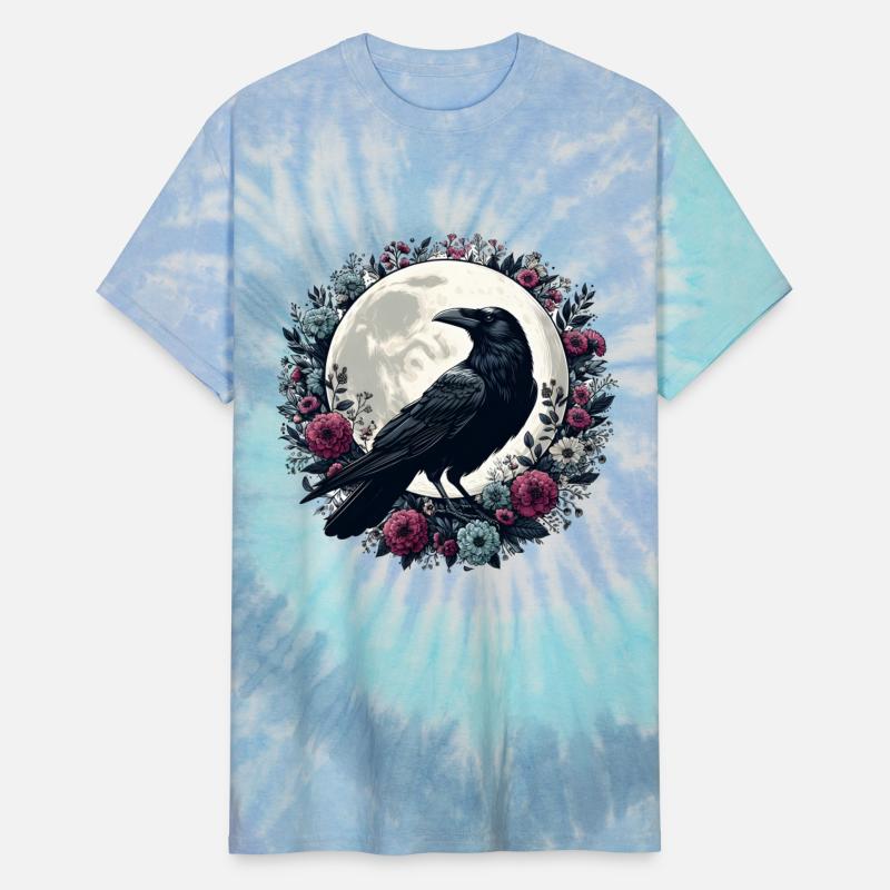 Crow Among Flowers under Full Moon