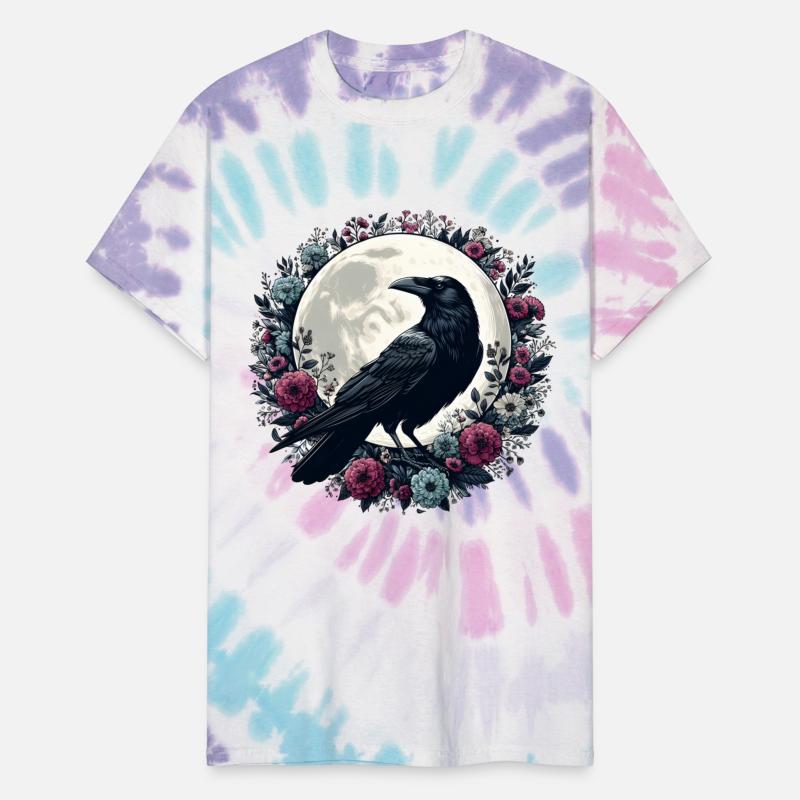 Crow Among Flowers under Full Moon