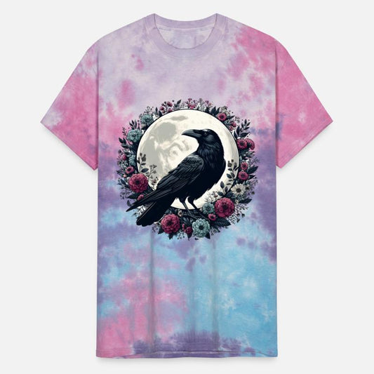 Crow Among Flowers under Full Moon