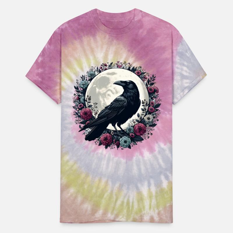 Crow Among Flowers under Full Moon