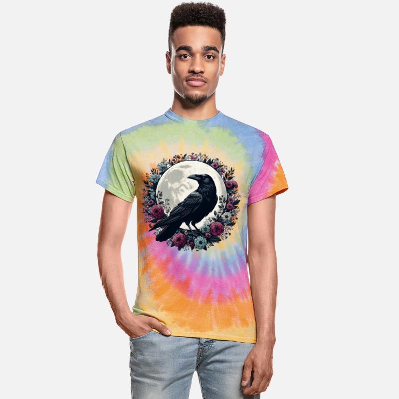 Crow Among Flowers under Full Moon