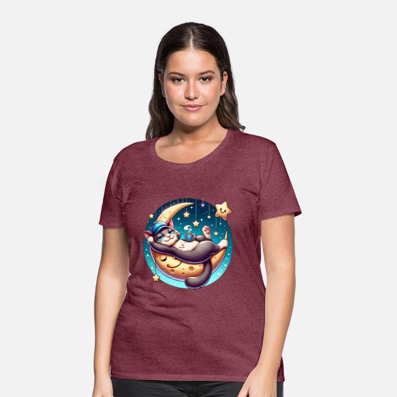 Cute Cat Relaxing on Moon with Stars and Coffee
