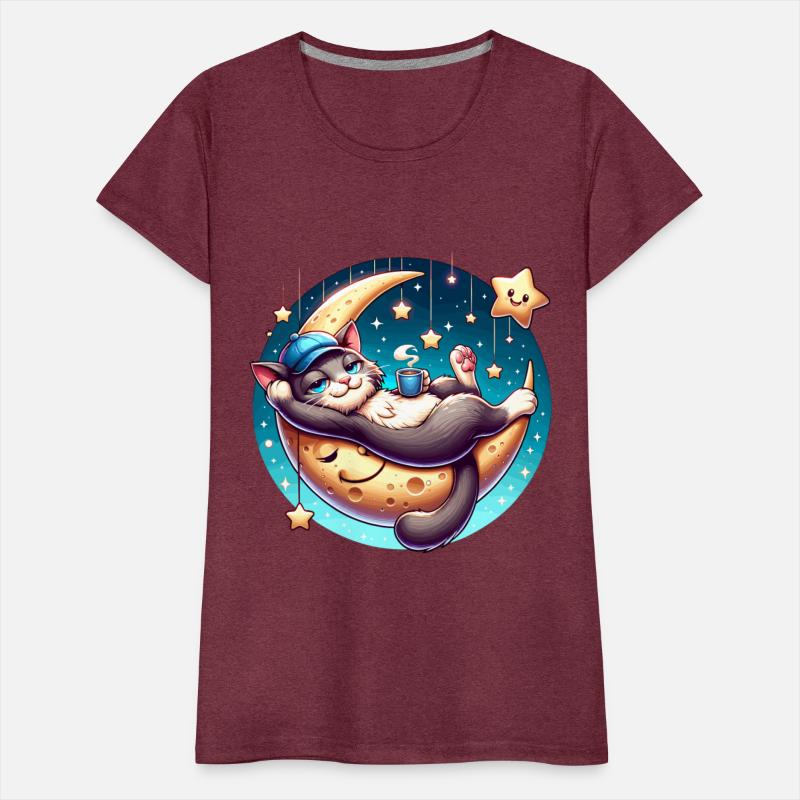 Cute Cat Relaxing on Moon with Stars and Coffee