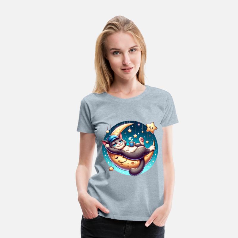Cute Cat Relaxing on Moon with Stars and Coffee