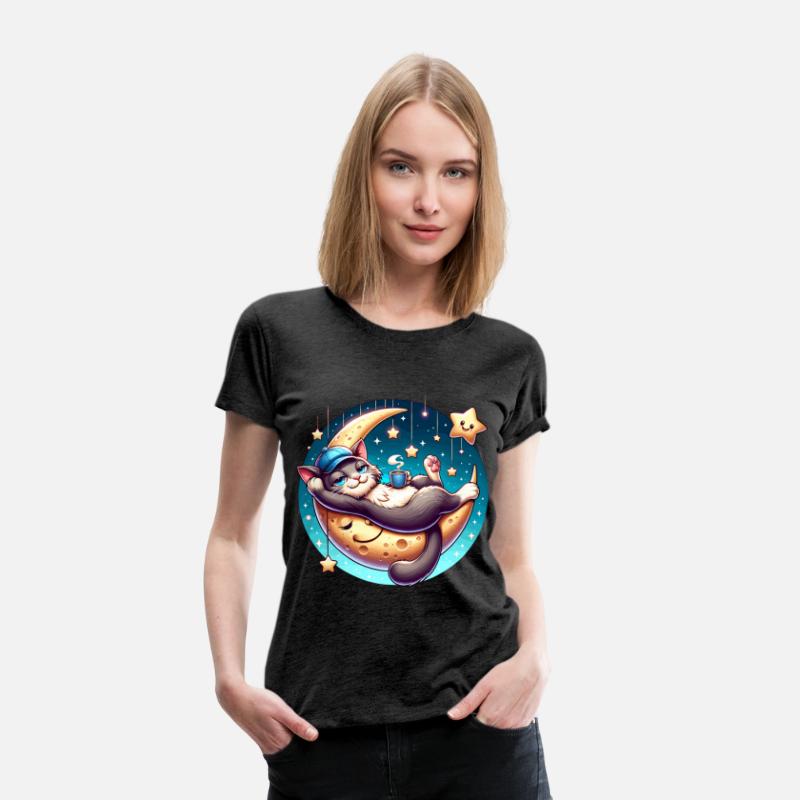 Cute Cat Relaxing on Moon with Stars and Coffee