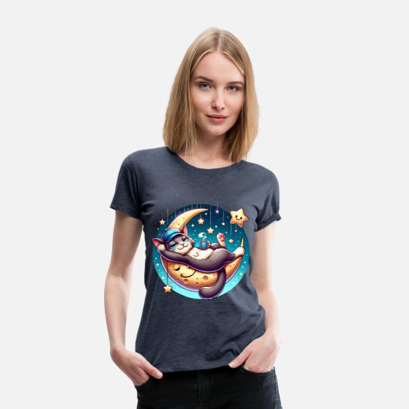 Cute Cat Relaxing on Moon with Stars and Coffee