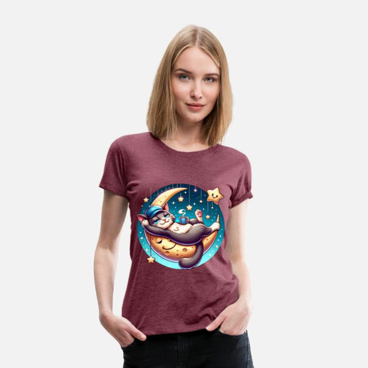 Cute Cat Relaxing on Moon with Stars and Coffee