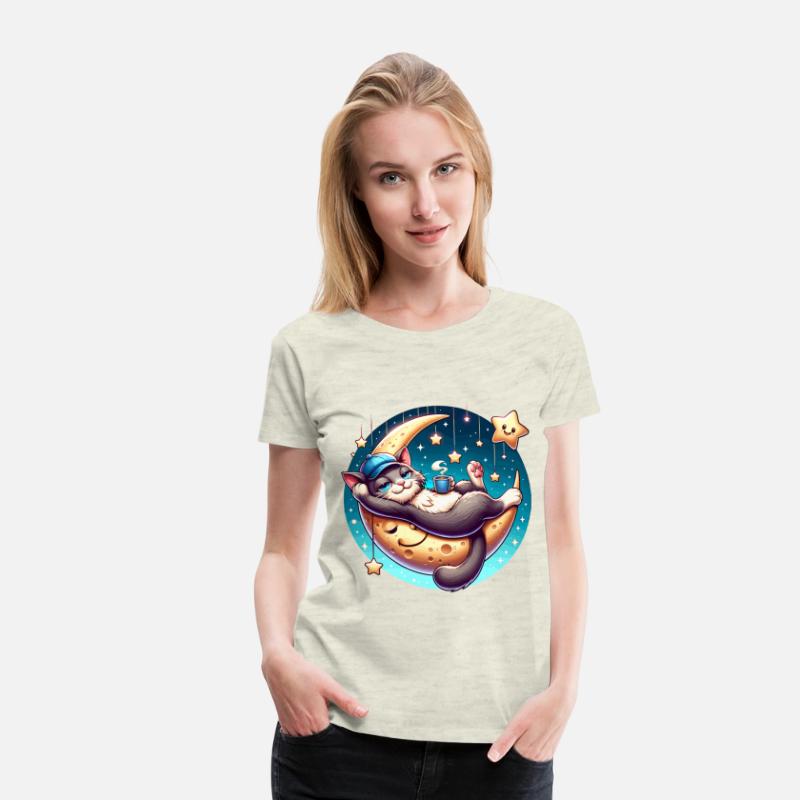 Cute Cat Relaxing on Moon with Stars and Coffee