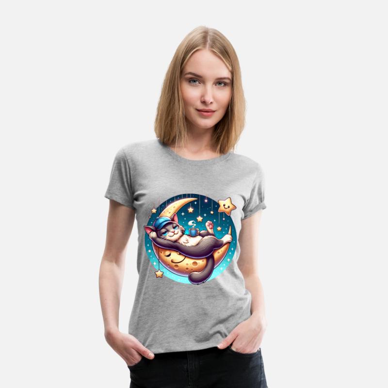 Cute Cat Relaxing on Moon with Stars and Coffee