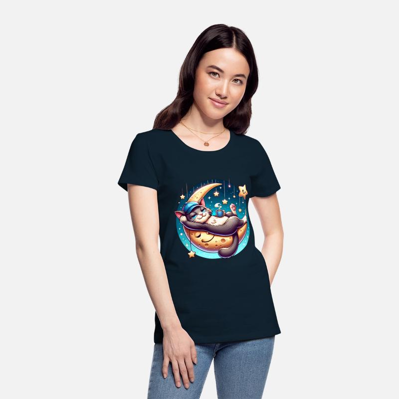 Cute Cat Relaxing on Moon with Stars and Coffee