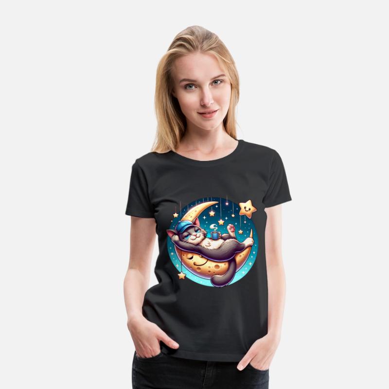 Cute Cat Relaxing on Moon with Stars and Coffee