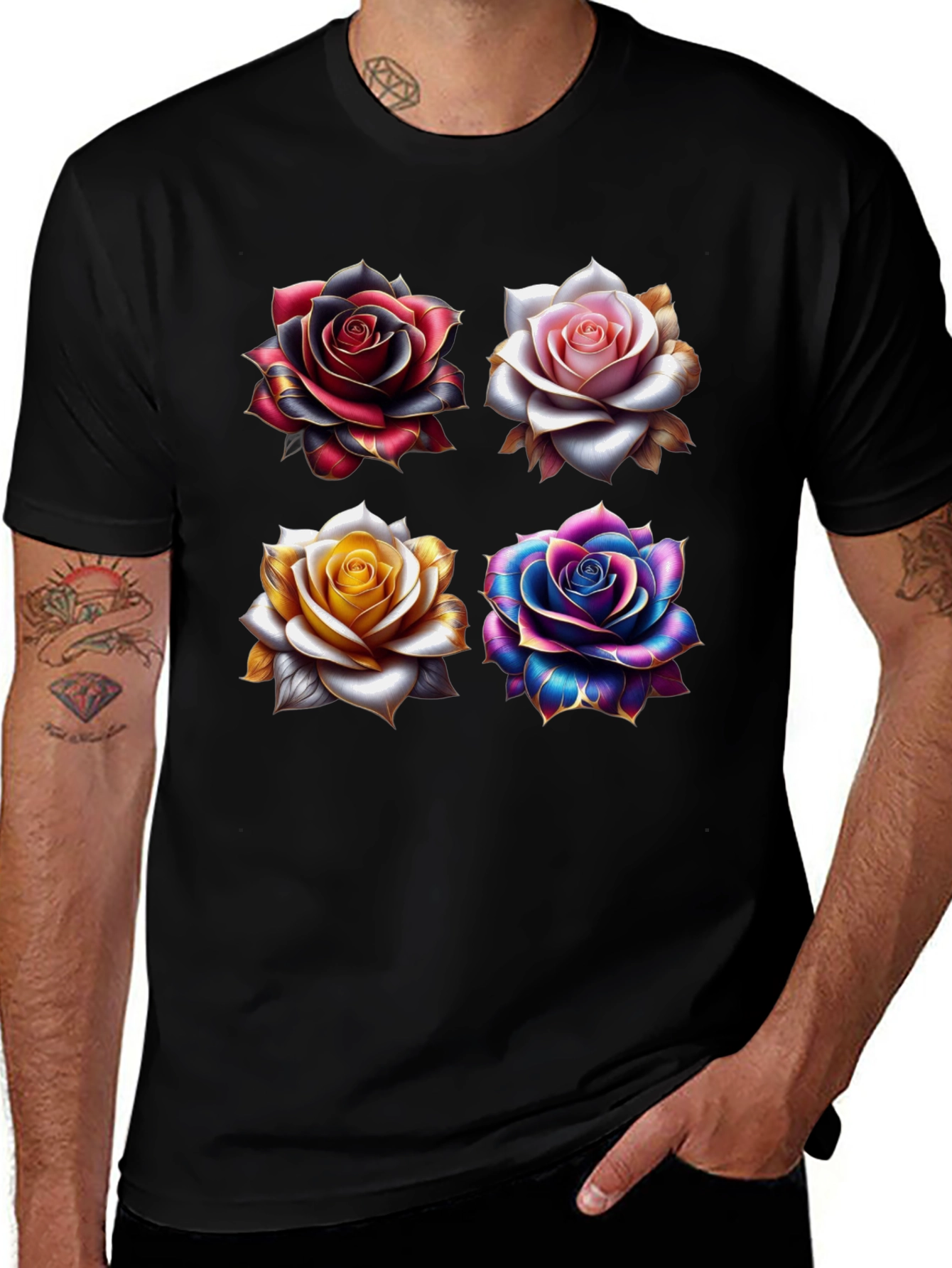 Floral Roses Graphic Print Black T-Shirt