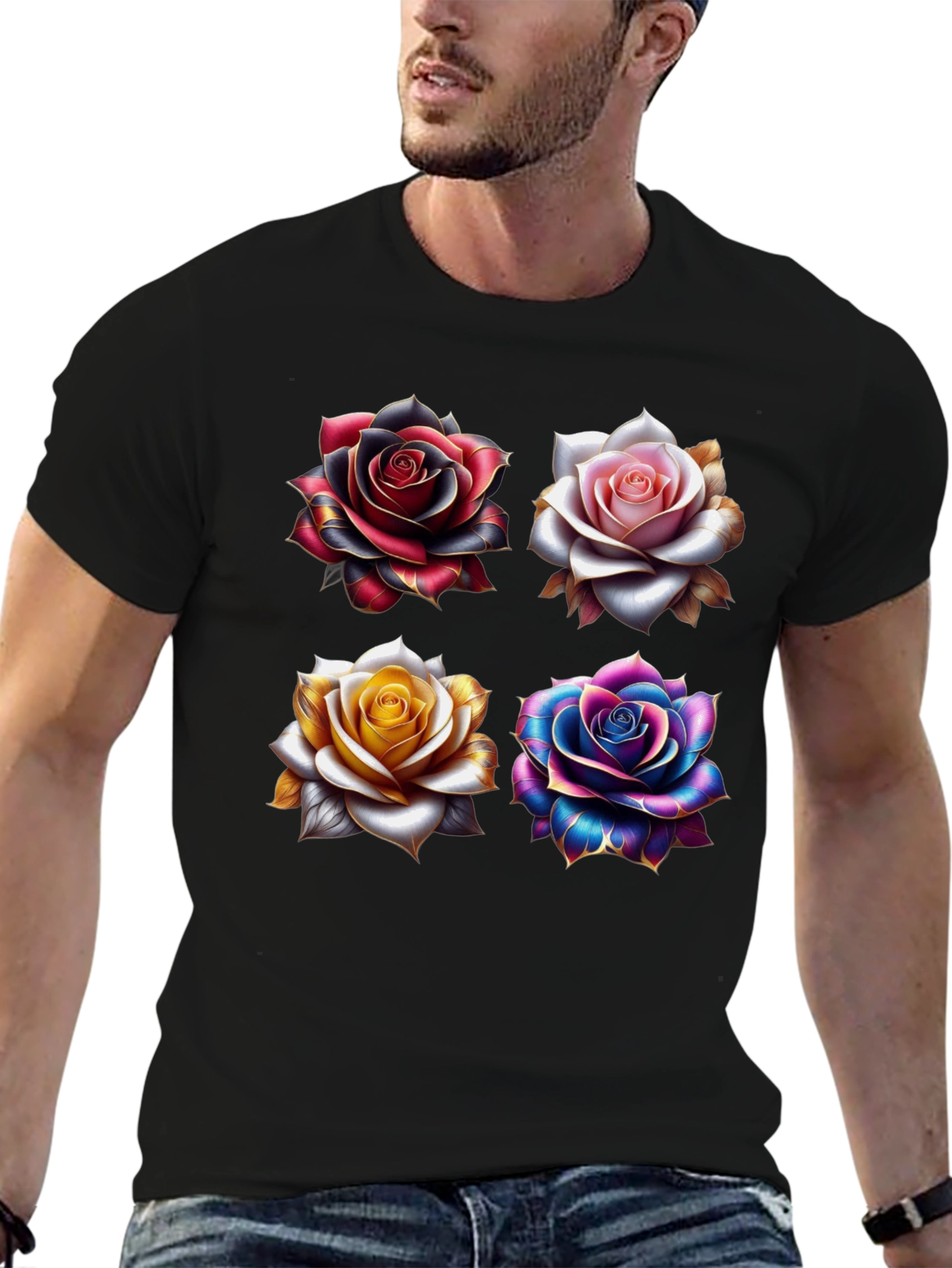 Floral Roses Graphic Print Black T-Shirt