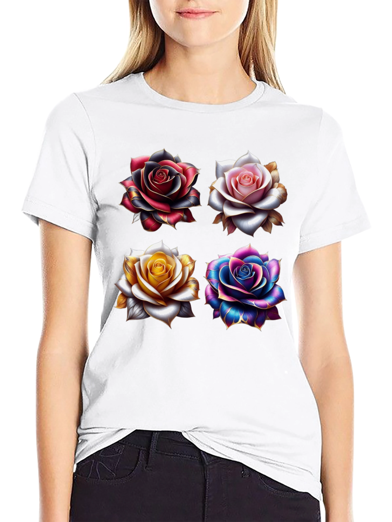 Floral Roses Graphic Print Black T-Shirt