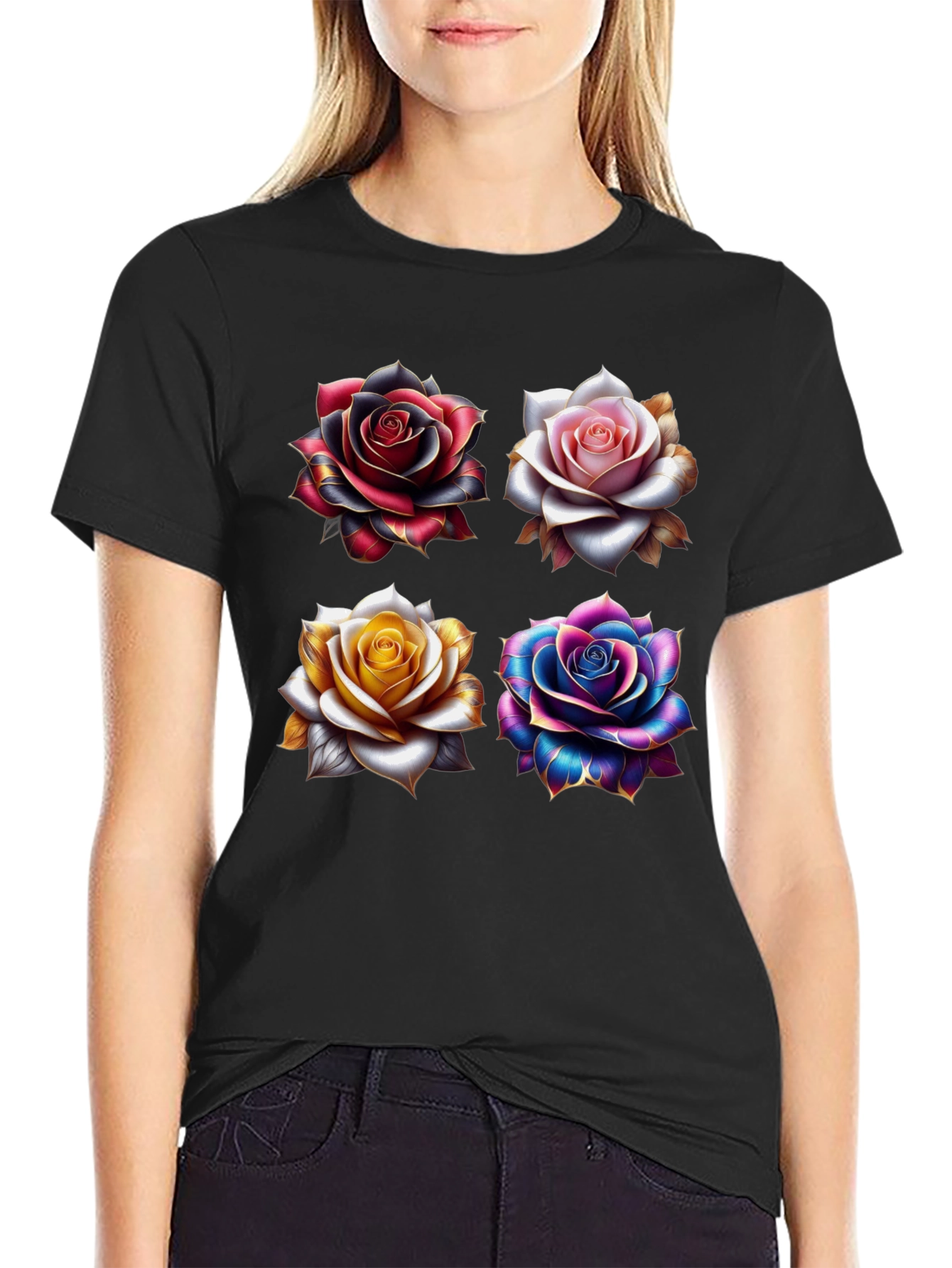 Floral Roses Graphic Print Black T-Shirt
