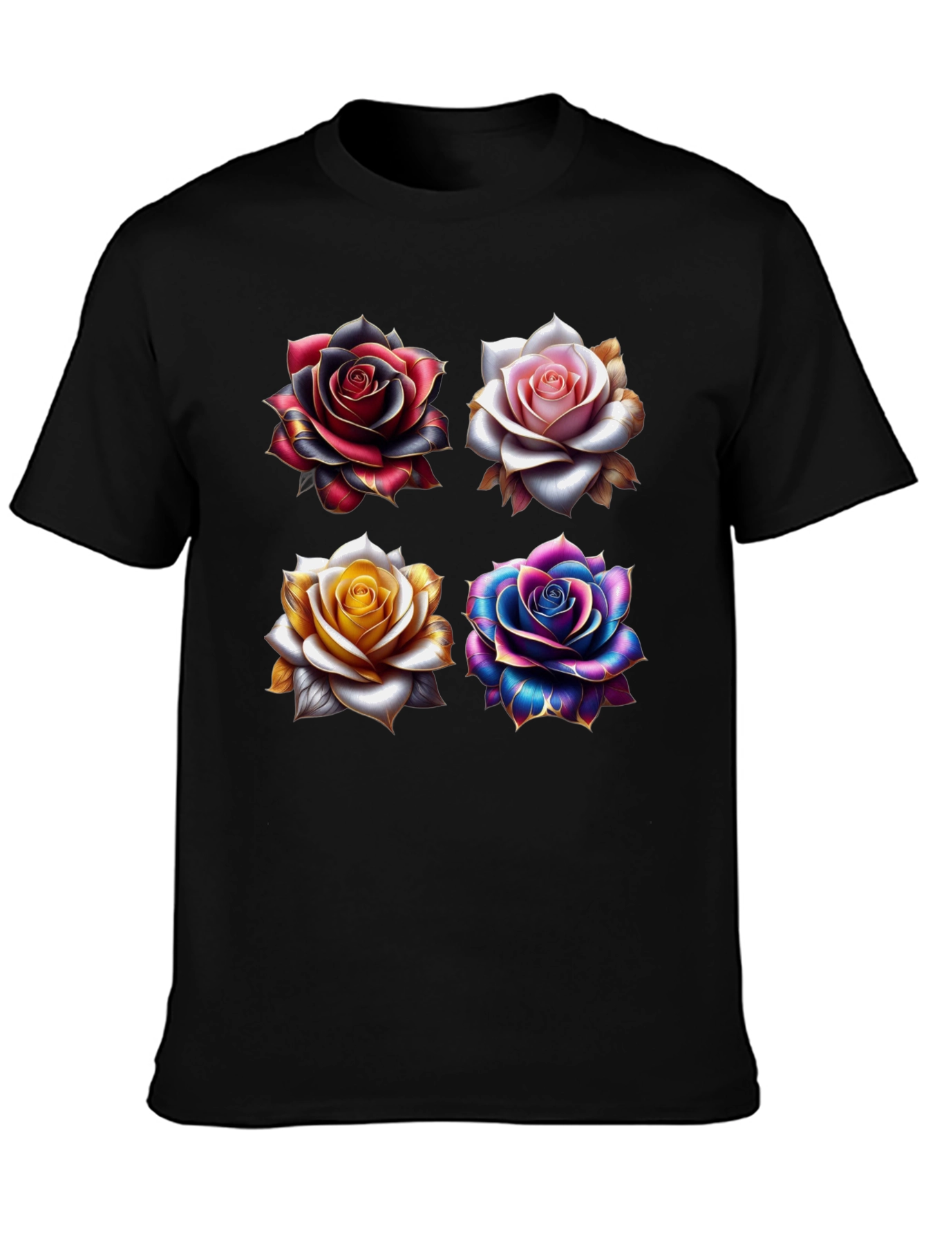 Floral Roses Graphic Print Black T-Shirt