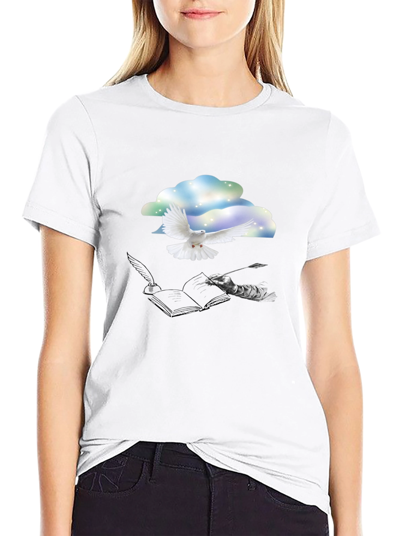 Dove & Writer T-Shirt - Artistic Black Tee