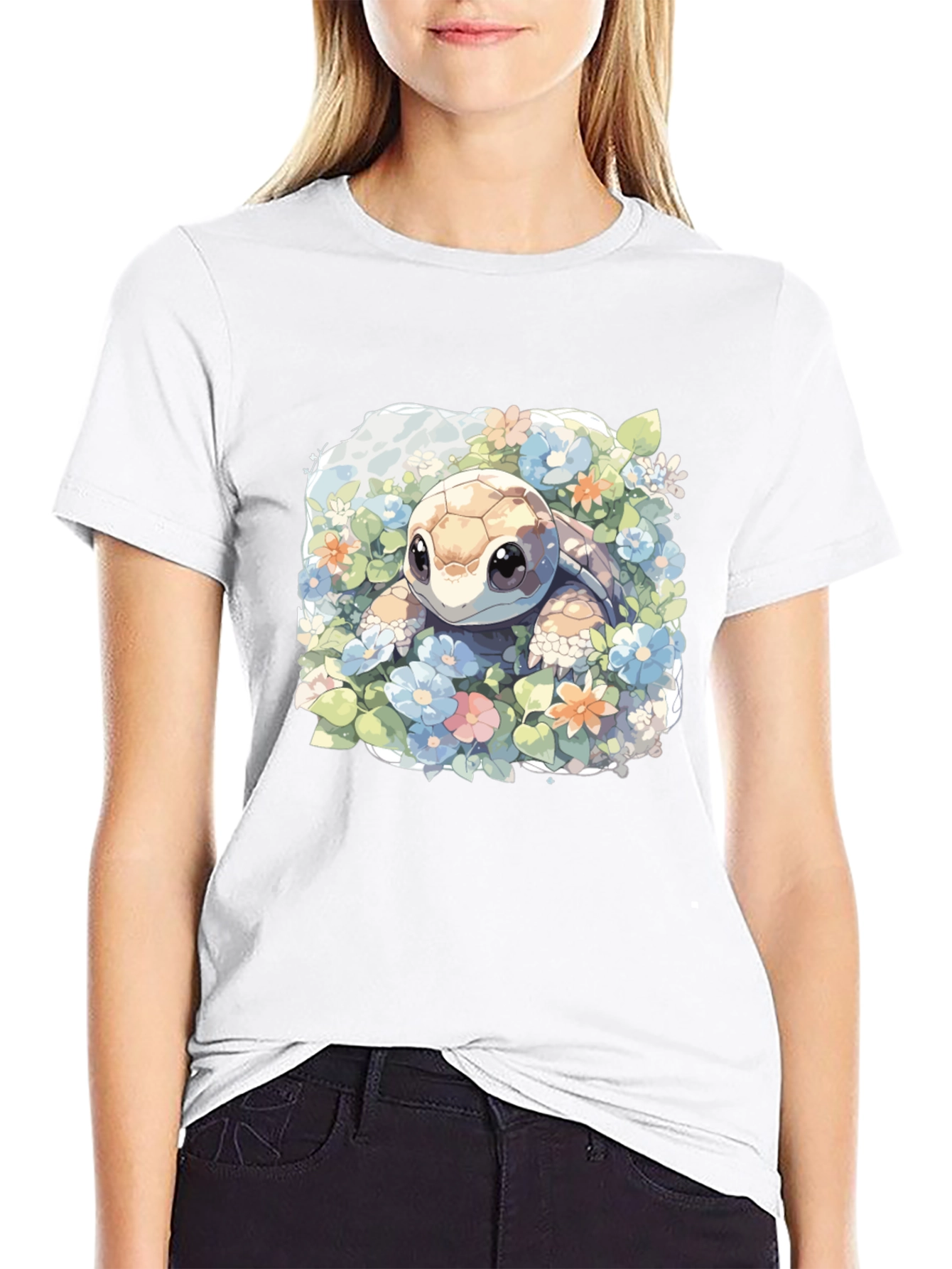 Cute Turtle Floral Graphic Tee