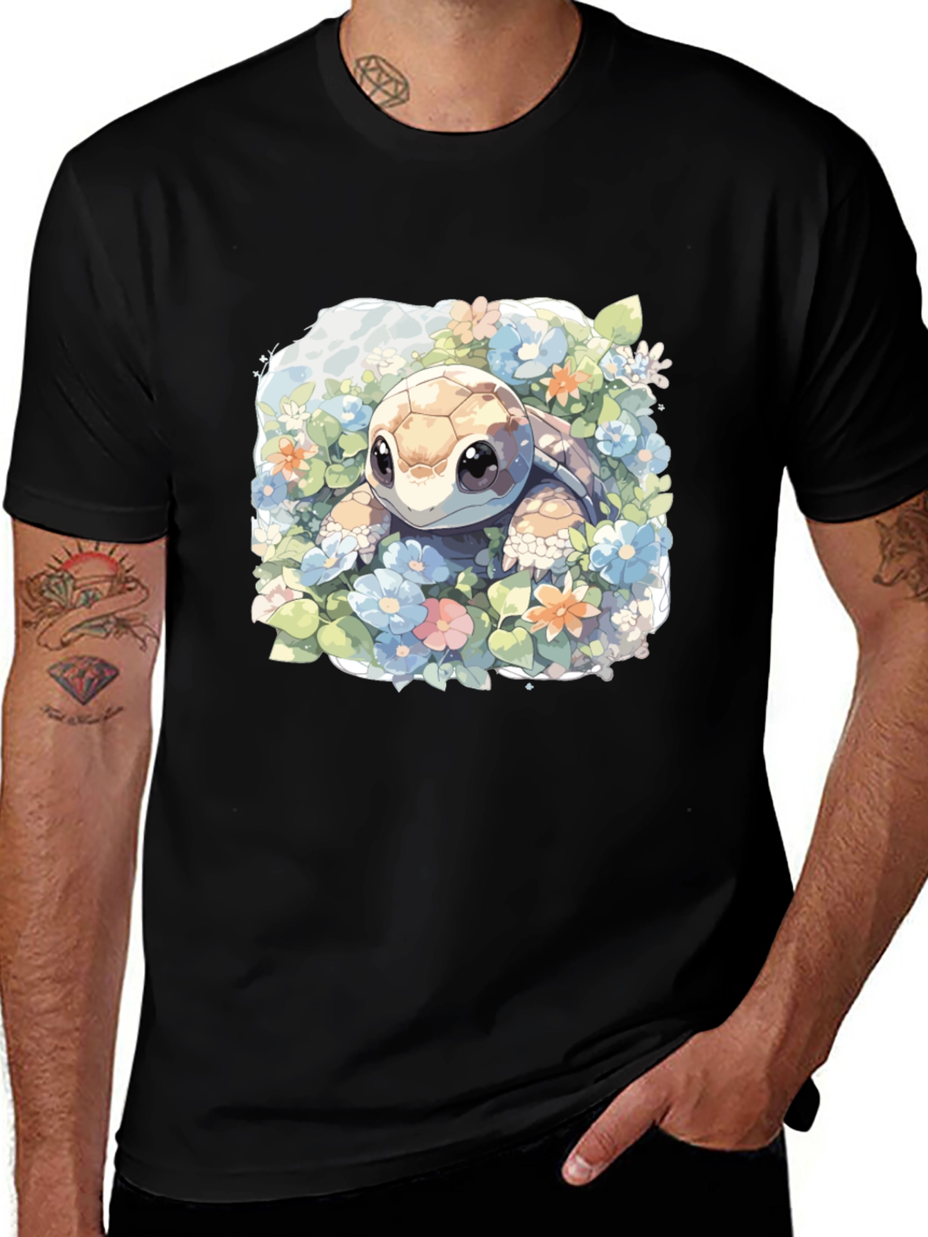 Cute Turtle Floral Graphic Tee