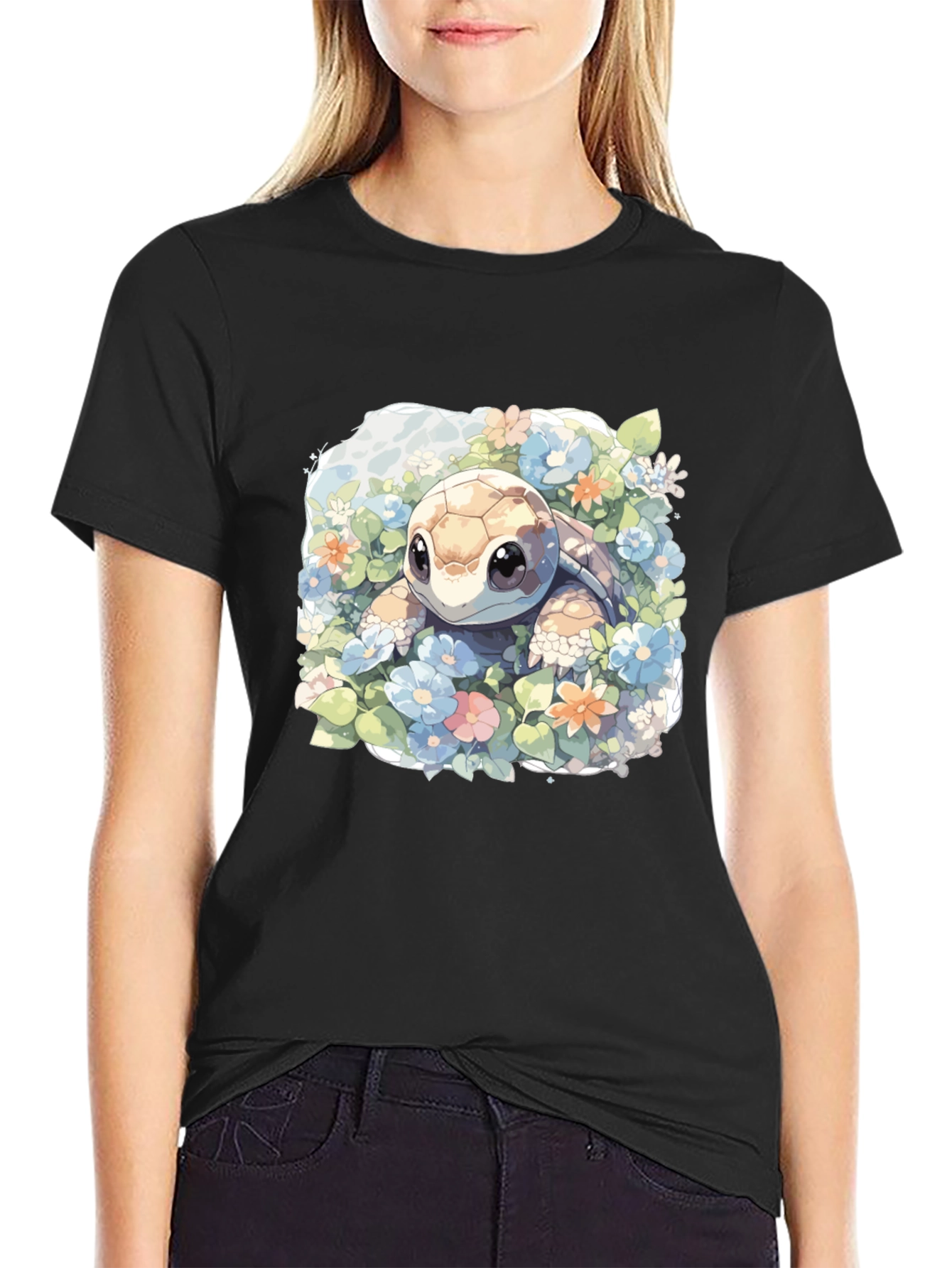 Cute Turtle Floral Graphic Tee