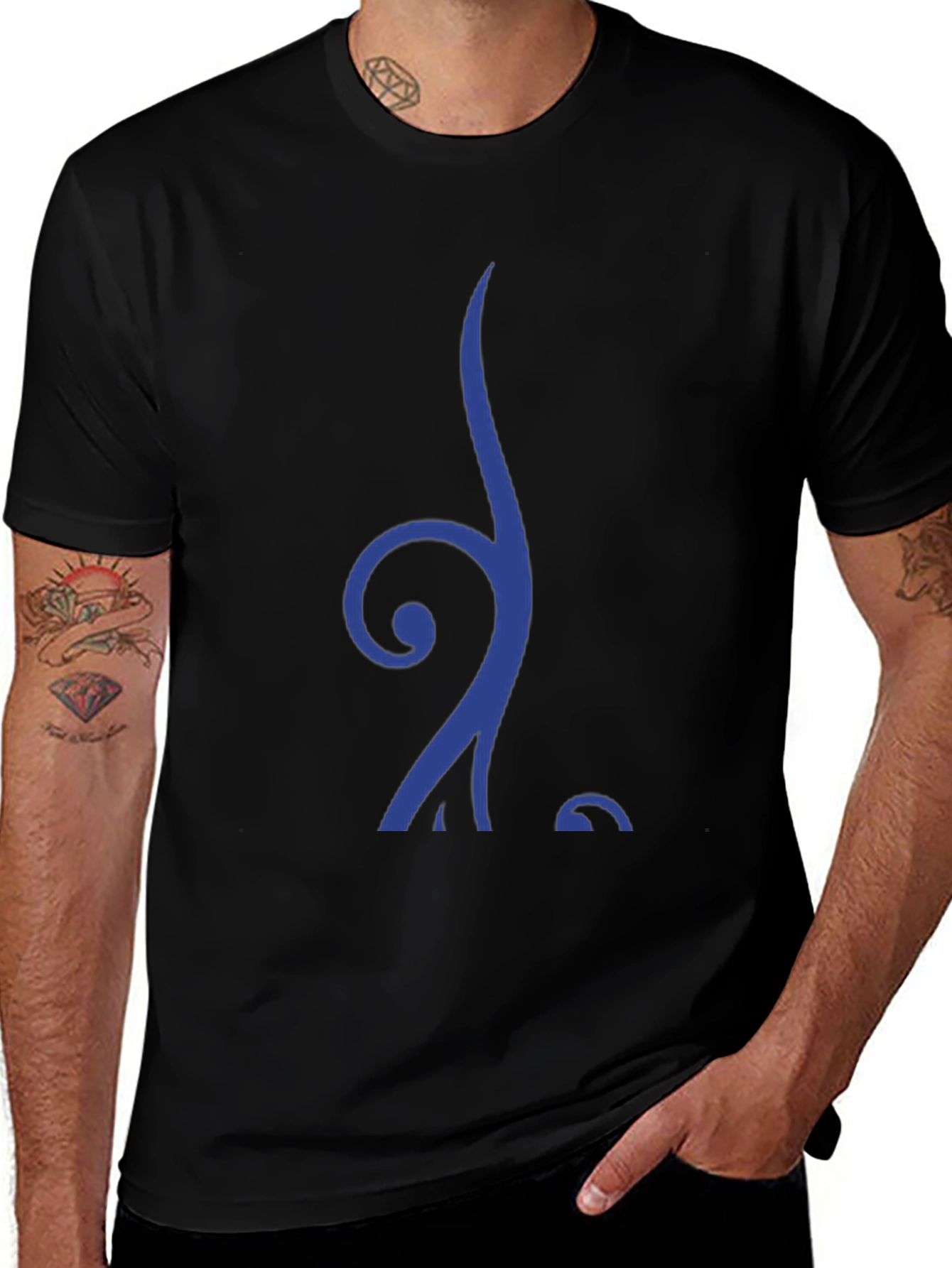 Stylish Blue Swirl Graphic Black T-Shirt