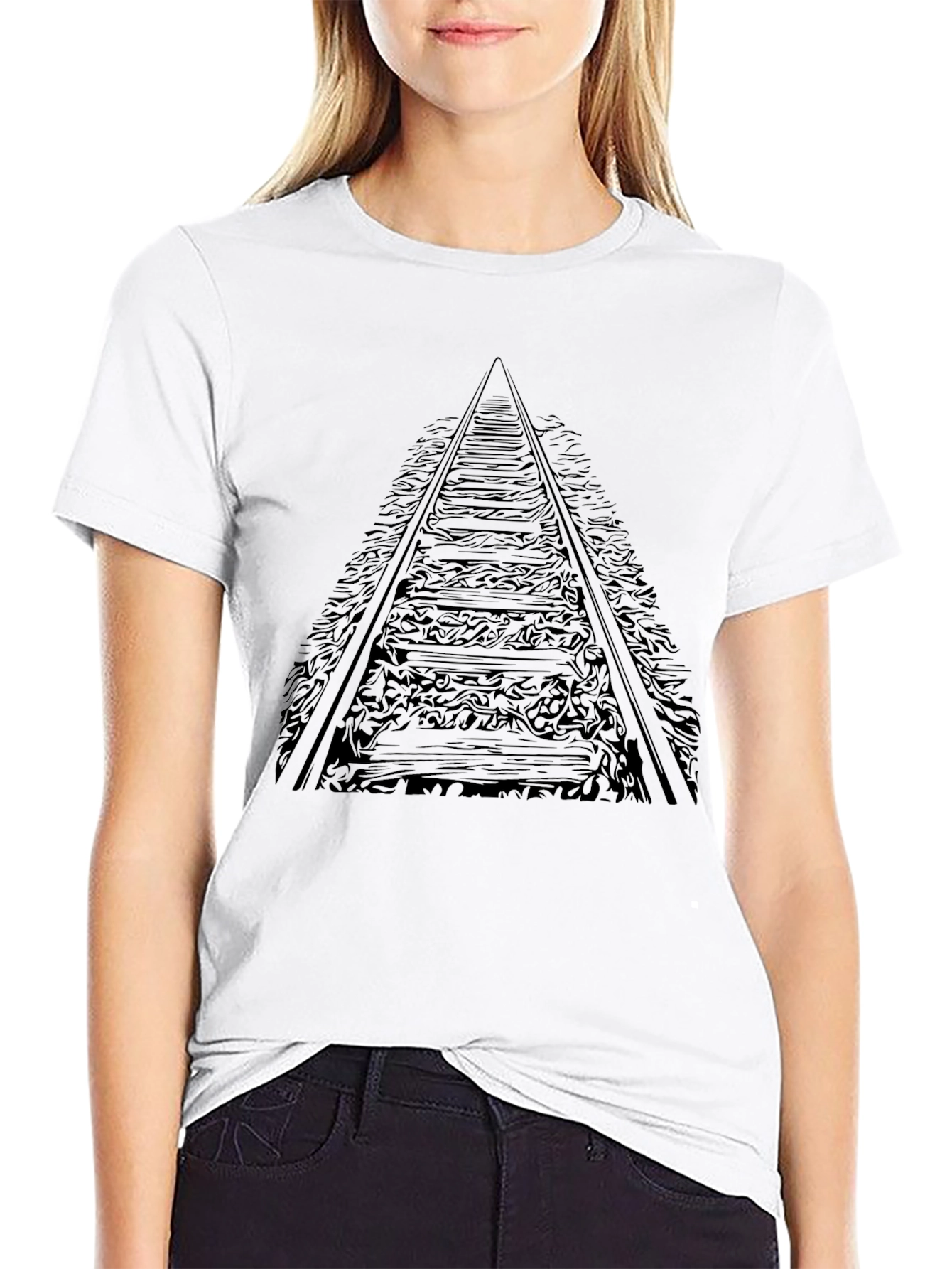 Railroad Tracks Graphic Tee - Black Cotton T-Shirt