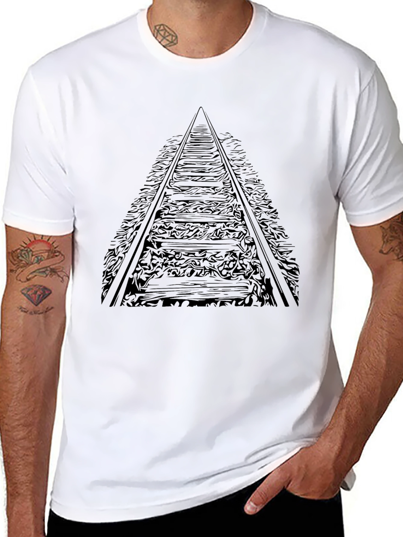 Railroad Tracks Graphic Tee - Black Cotton T-Shirt