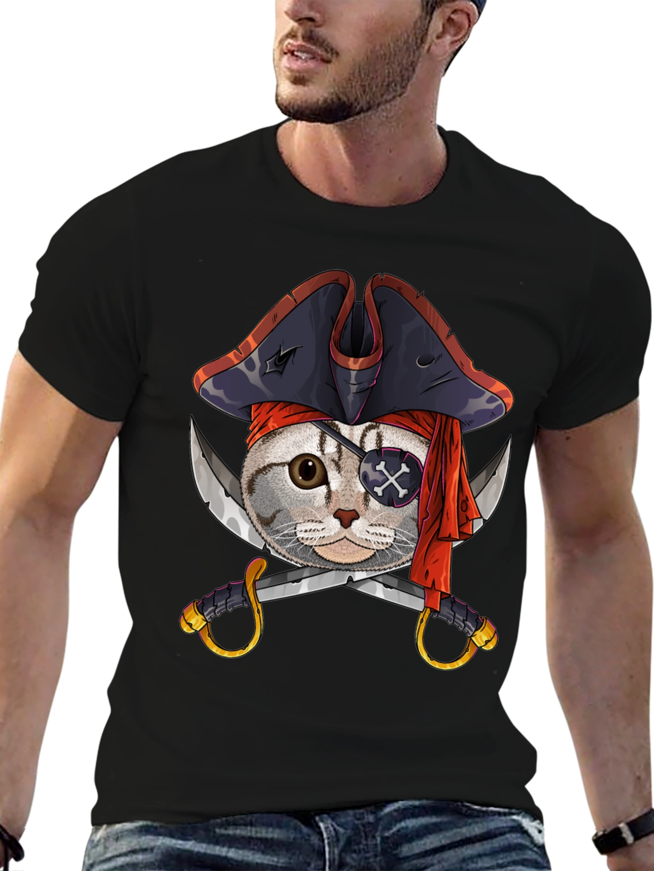 Pirate Cat Graphic Tee - Mens Black Cotton T-Shirt