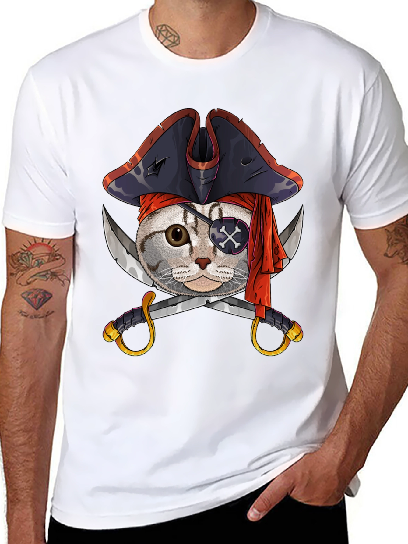 Pirate Cat Graphic Tee - Mens Black Cotton T-Shirt