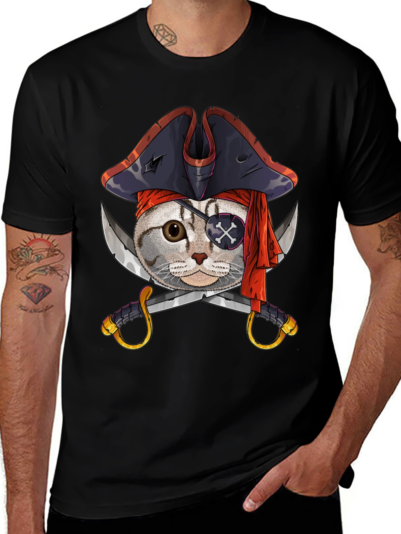 Pirate Cat Graphic Tee - Mens Black Cotton T-Shirt