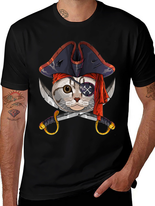Pirate Cat Graphic Tee - Mens Black Cotton T-Shirt