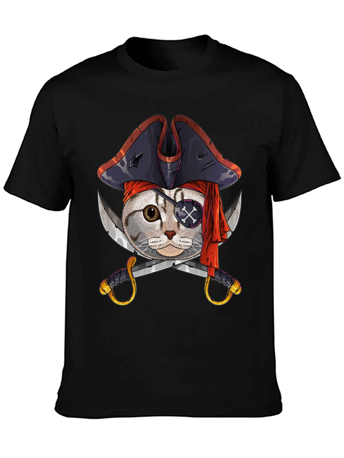Pirate Cat Graphic Tee - Mens Black Cotton T-Shirt