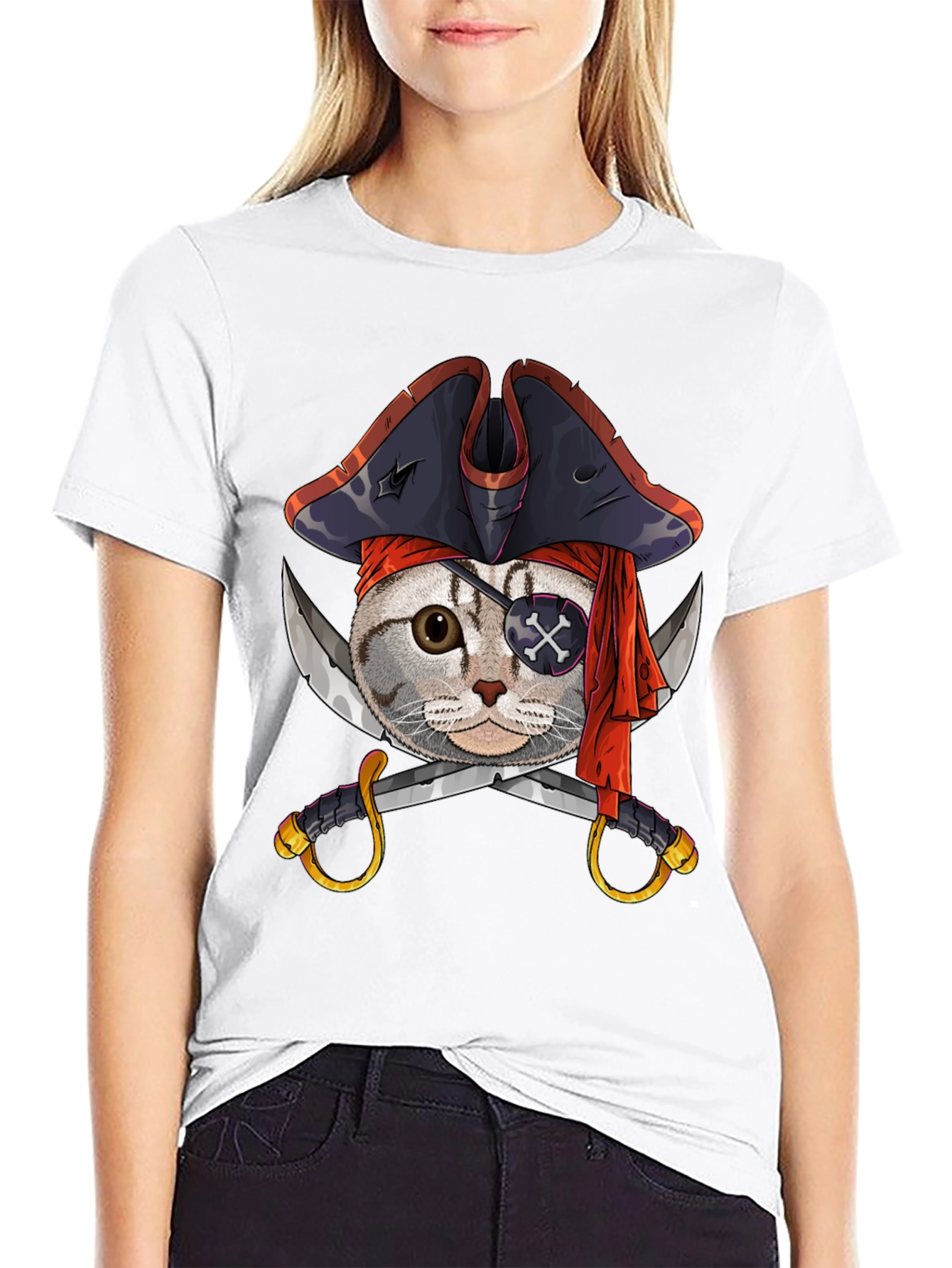 Pirate Cat Graphic Tee - Mens Black Cotton T-Shirt