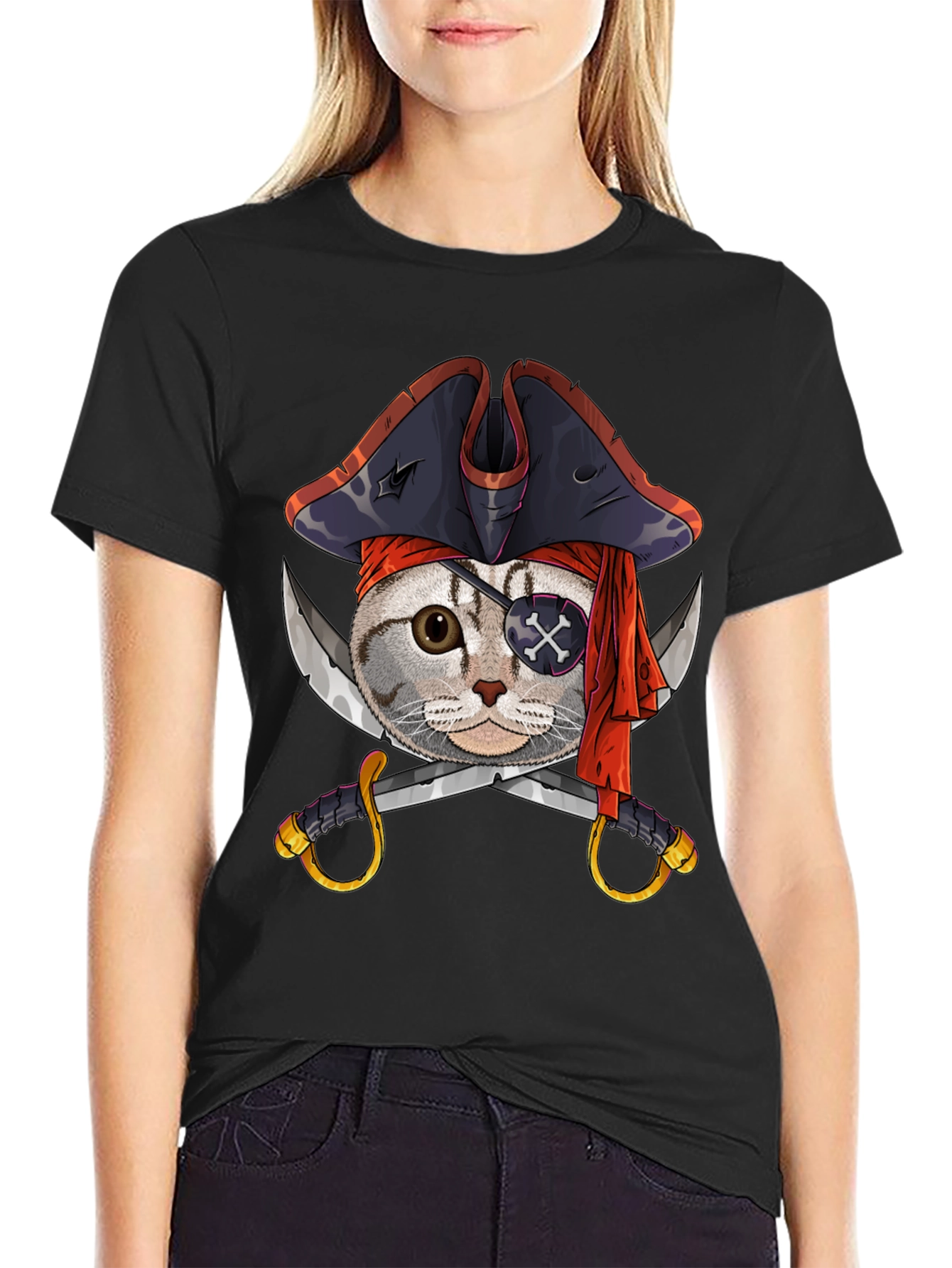 Pirate Cat Graphic Tee - Mens Black Cotton T-Shirt