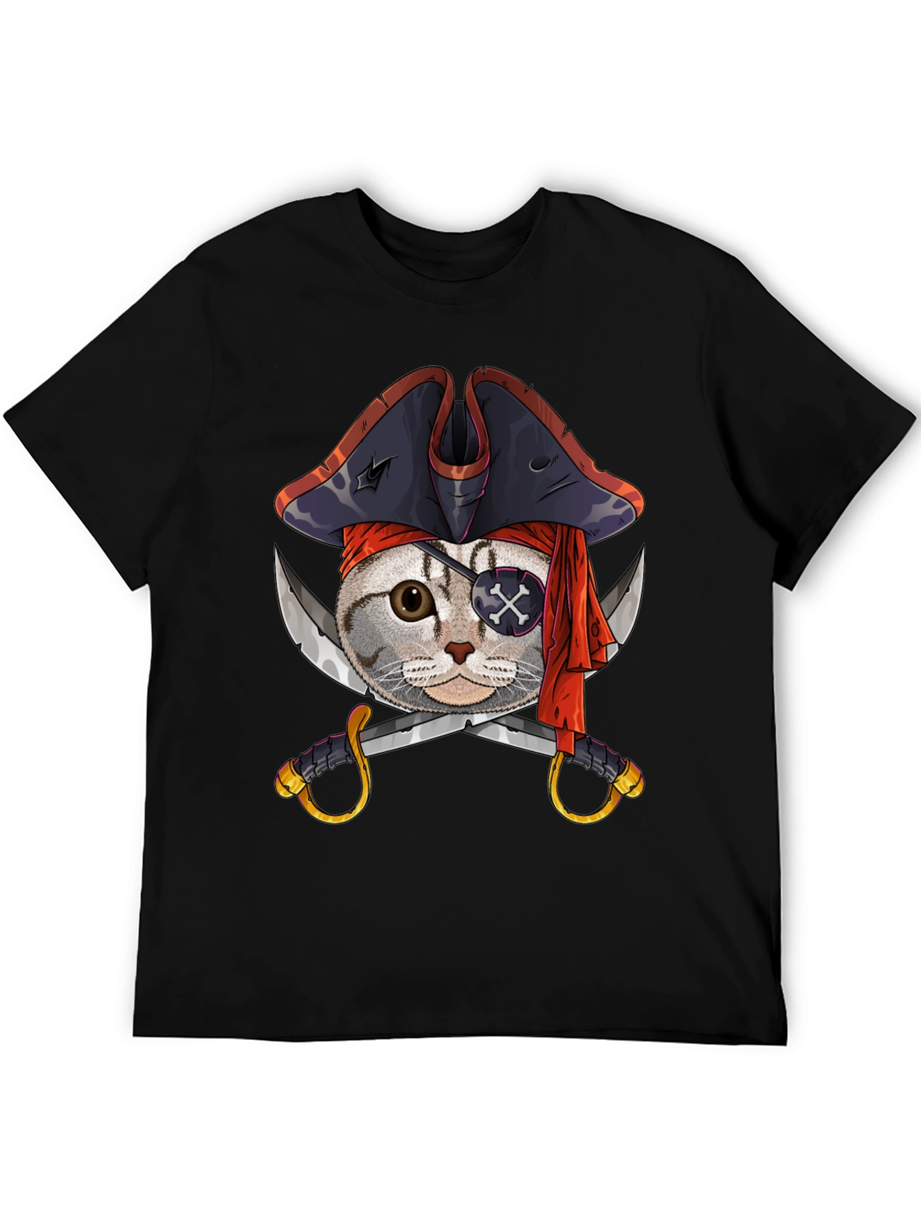 Pirate Cat Graphic Tee - Mens Black Cotton T-Shirt