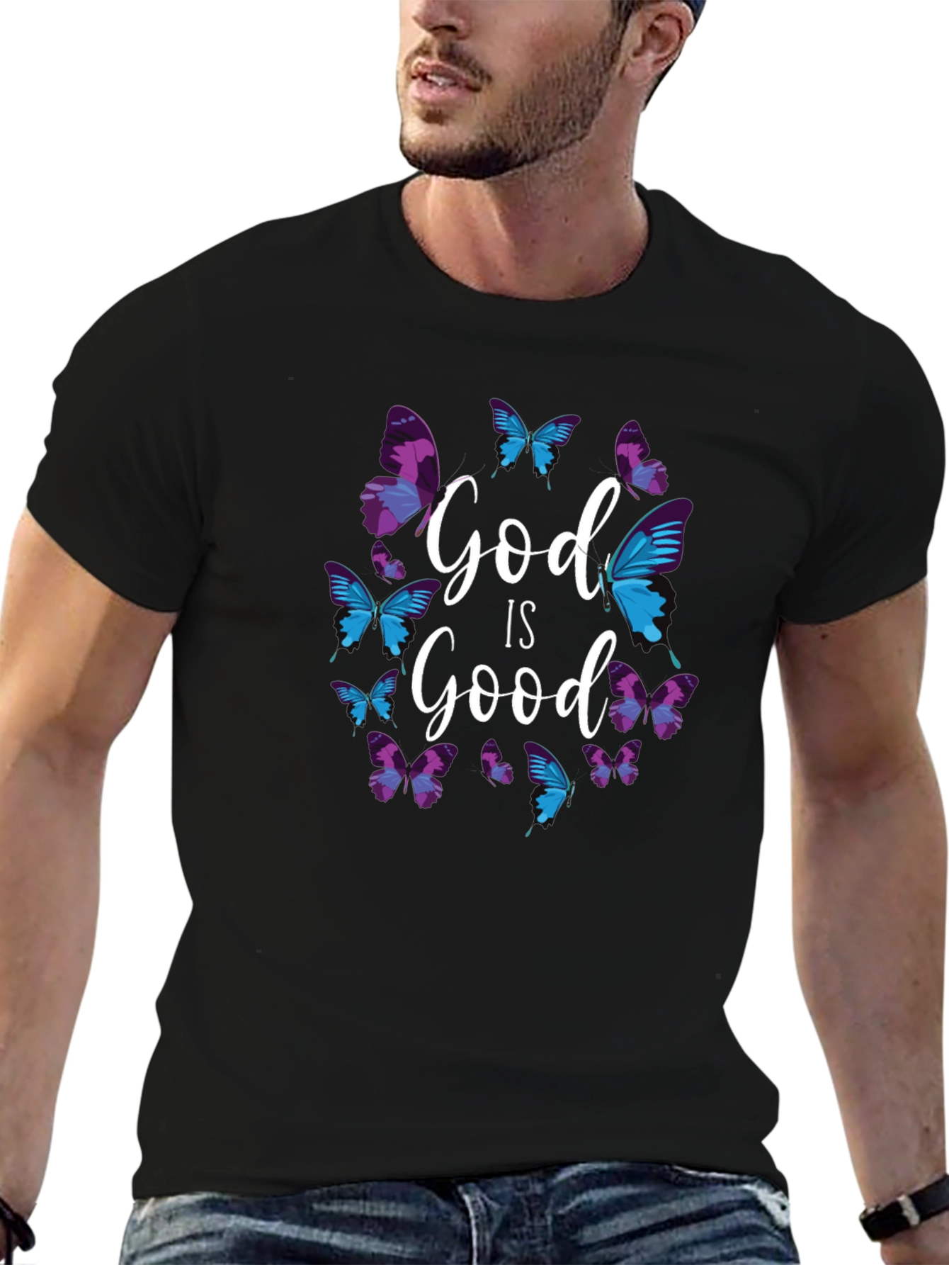 God Is Good Butterfly Graphic Black T-Shirt