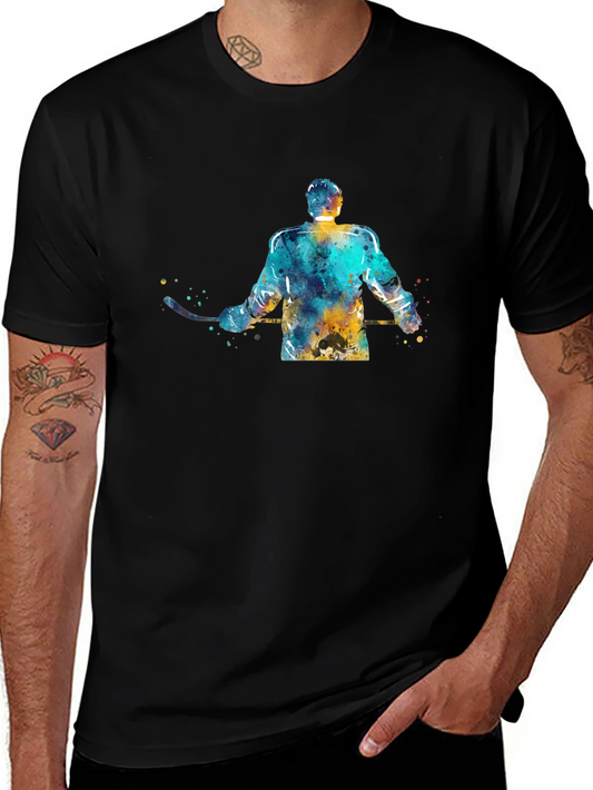 Hockey Player Watercolor Graphic Tee - Black