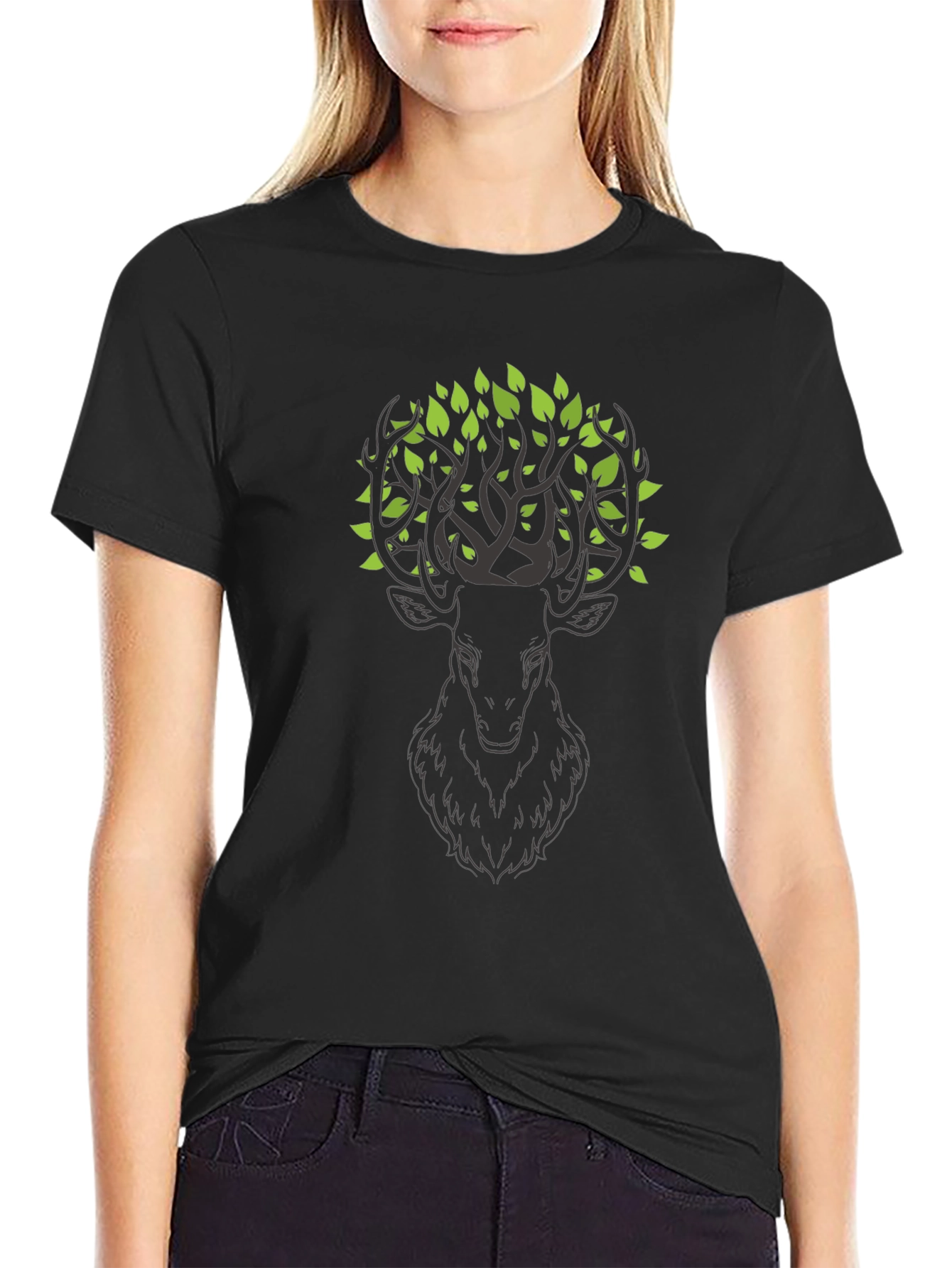 Nature Deer Graphic Tee - Black Cotton T-Shirt