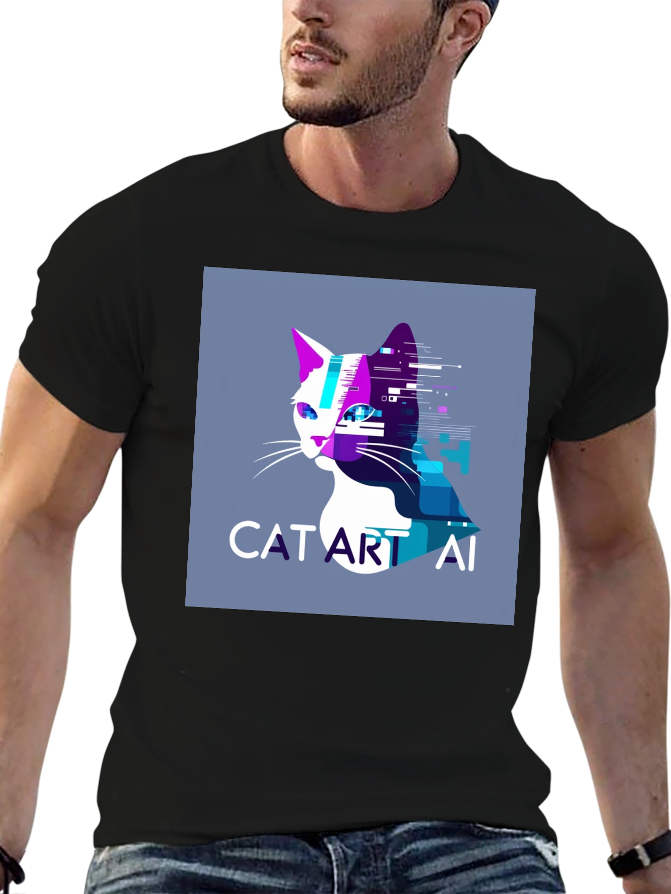 Cat Art AI Graphic Black T-Shirt