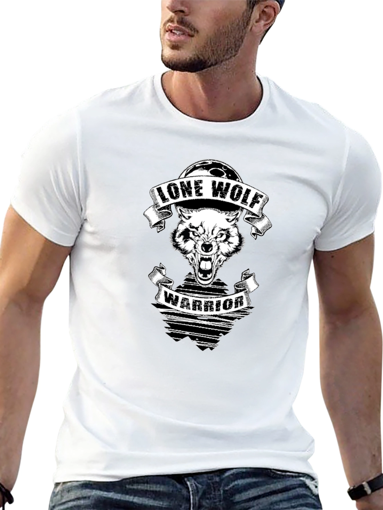 Lone Wolf Warrior Graphic Print Black T-Shirt