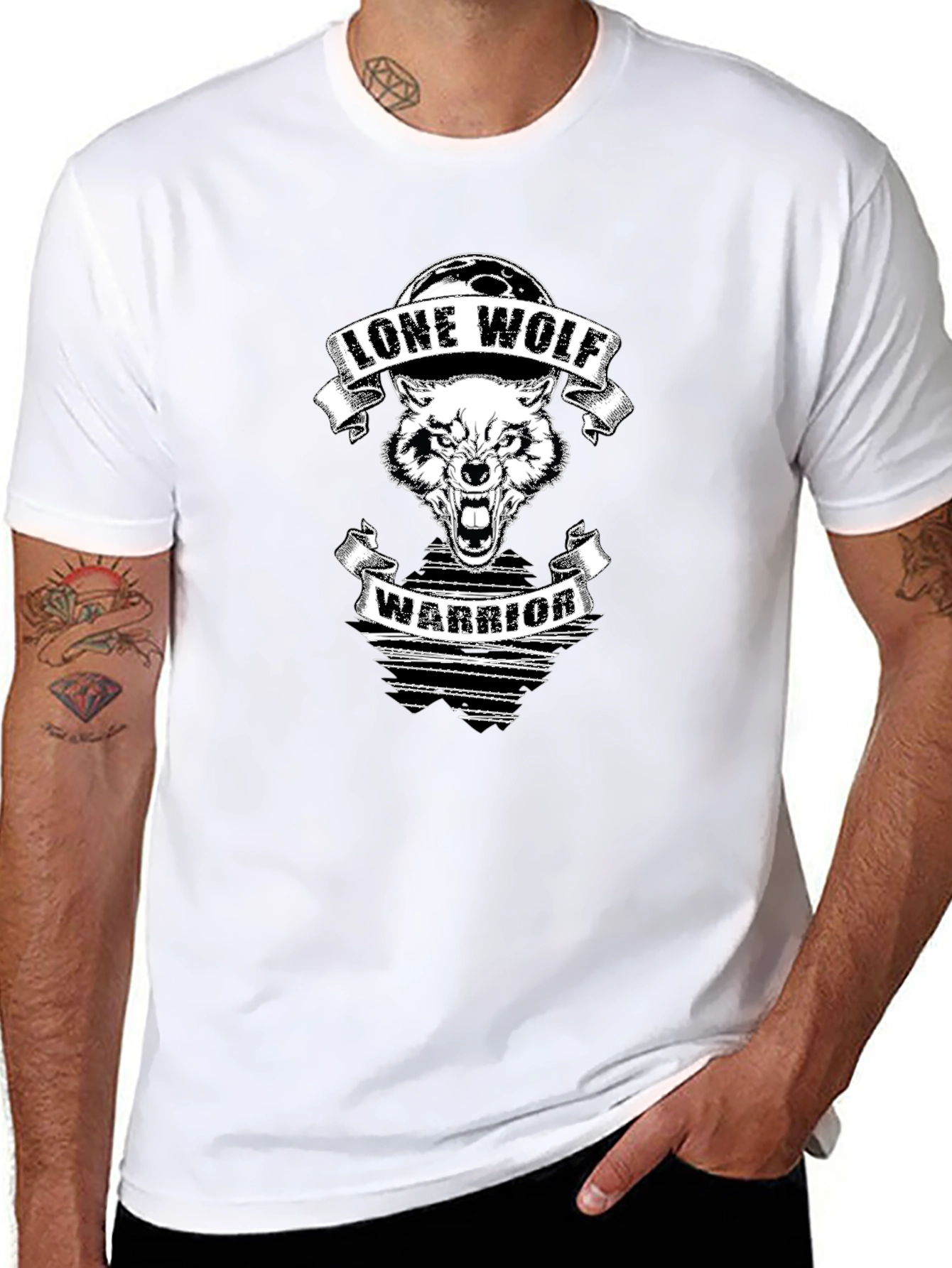 Lone Wolf Warrior Graphic Print Black T-Shirt